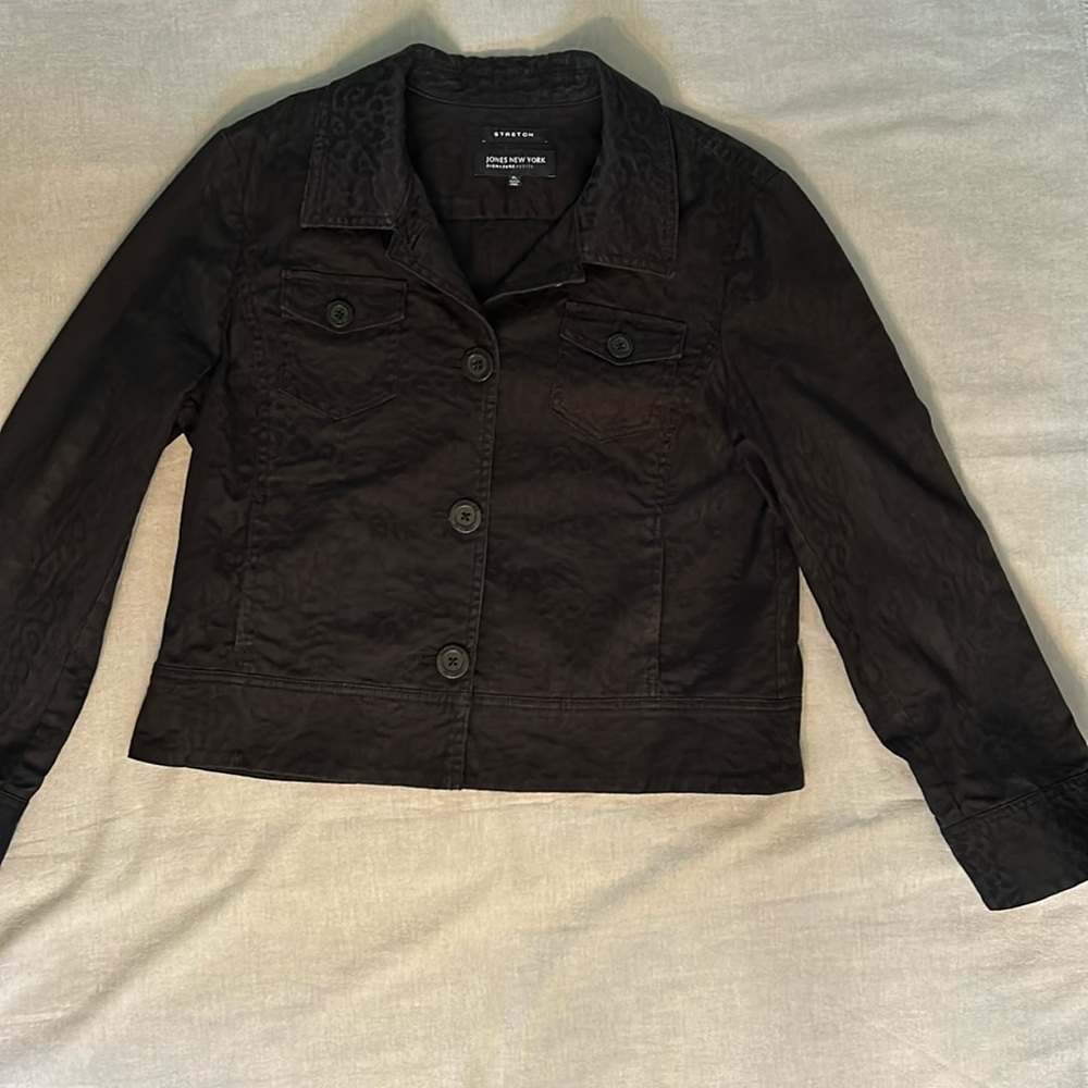 Jones New York Signature Petite Stretch Black on Black Leopard Jacket